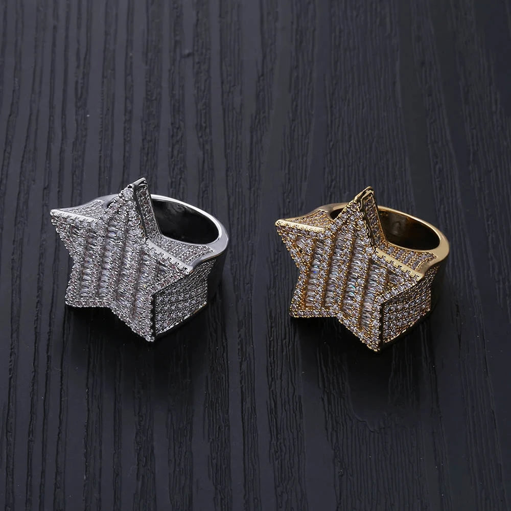 Gold Iced Out Pentagram Ring Statement