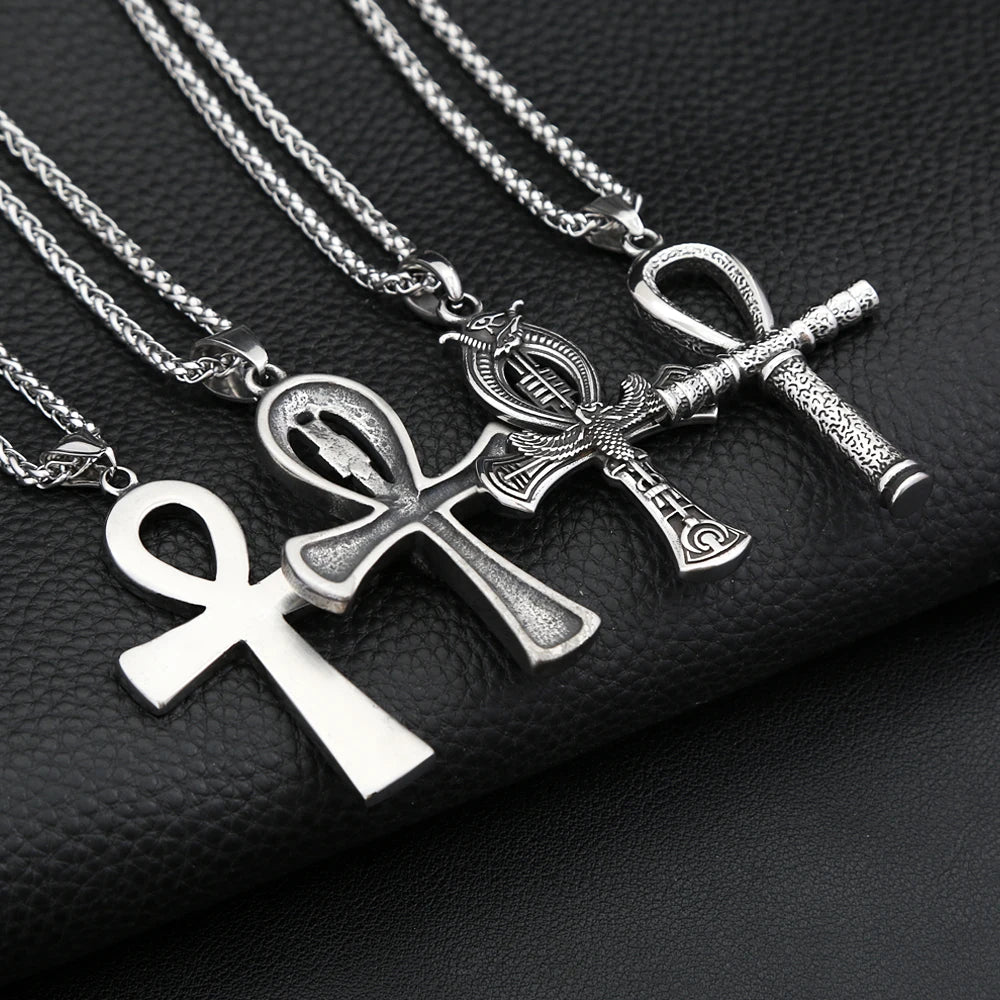 Vintage Stainless Steel Ancient Egyptian Ankh Cross Pendant Necklaces For Men Women Fashion Eye Of Horus Amulet Jewelry