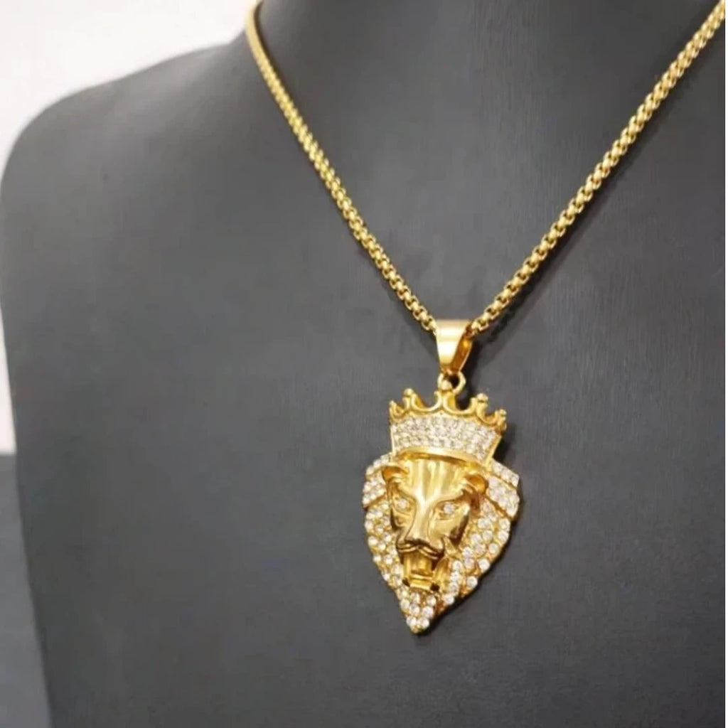 Iced Out Crown Lion King Pendant — Two-Tone