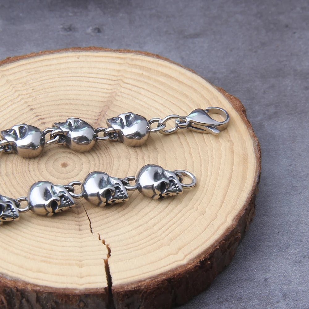 Stainless steel new design men punk skull chain necklace men fashion stainless steel charm bracelet jewelry with wooden