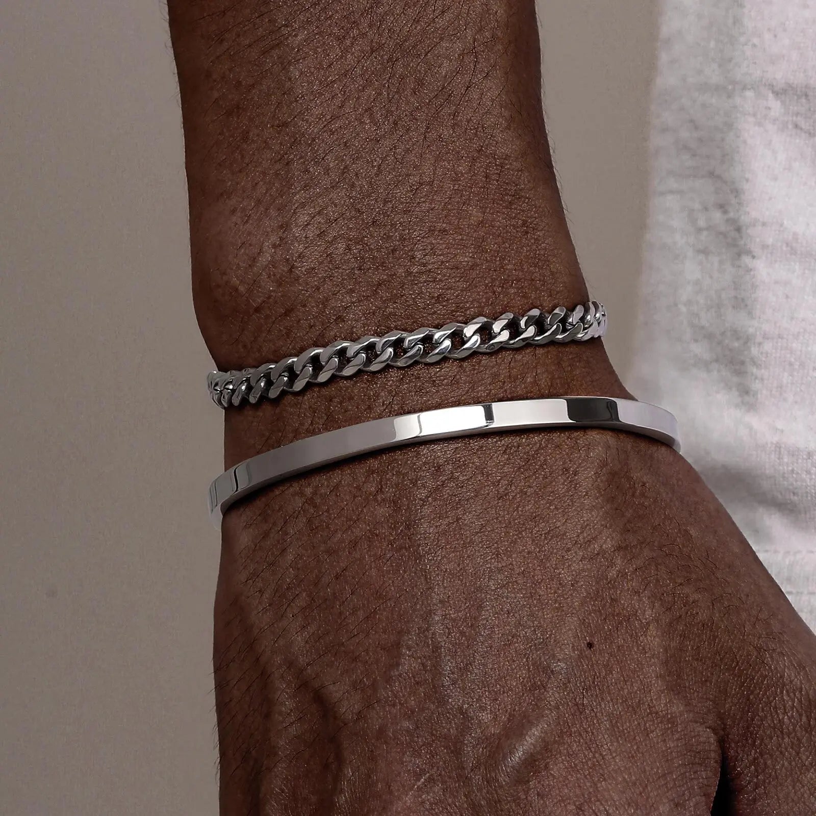 Vnox 2pcs Stackable Bracelets for Men Teens, Open Cuff Bangle, Twisted Rope Figaro Chain Cuban Link Chain Bracelets Set