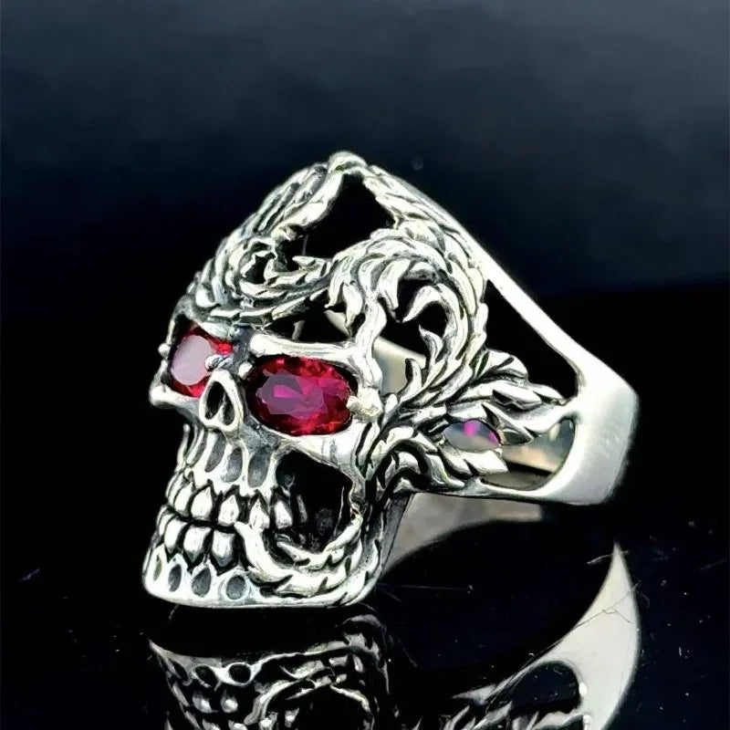 European and American new fashion skull shape red zircon inlaid punk retro men's ring