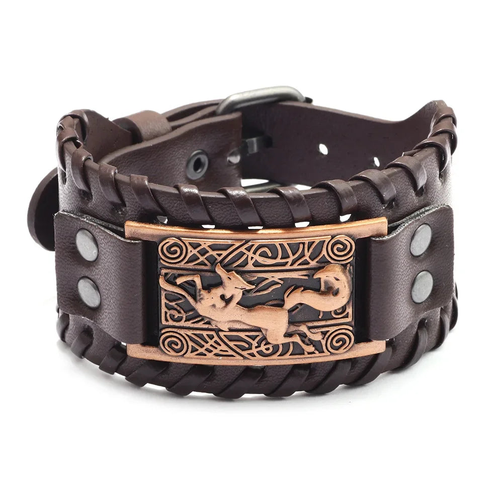 Nordic Viking Symbol Fox Pattern Bracelet Men's New Fashion Metal Leather Woven Jewelry Animal Accessories Party Gift