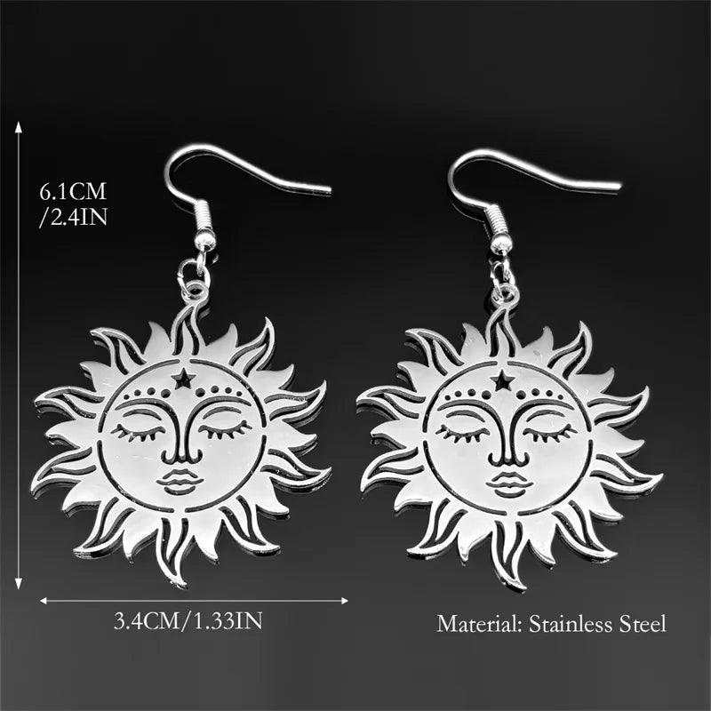 Star Moon Silver Earrings Gothic Sun Face Pentagram