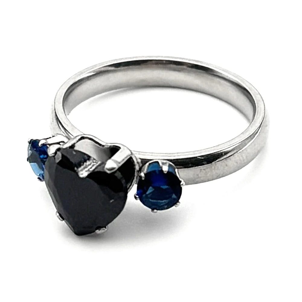 Gothic Heart Silver Ring Blue Rhinestones Finger