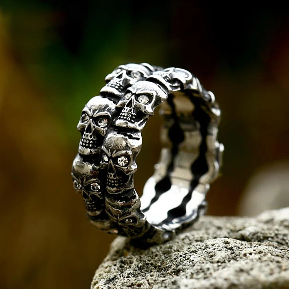 Vintage Punk Crystal Stone Skull Ring For Men Hiphop Rock Locomotive Stainless Steel Rings Party Jewelry Creative Gift