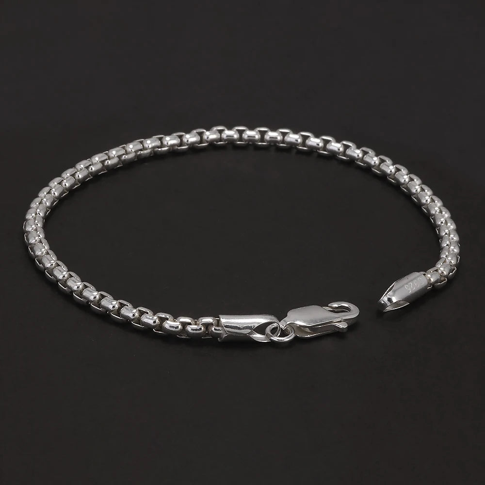 Silver 3mm Round Box Chain Link Bracelet for Men Fashion Jewelry Accessories