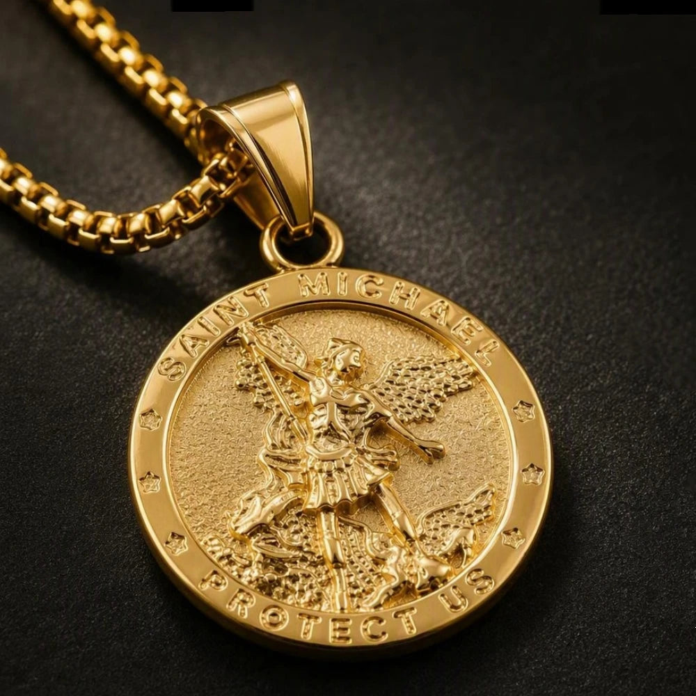 St. Michael Embossed Round Pendant Necklace — Stainless Steel
