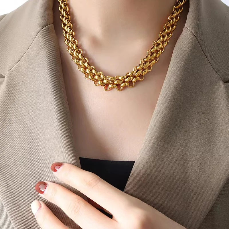 GANEMLY 316L Stainless Steel Metal Cuban Chain Necklace For Women Hip Hop Punk Waterproof 18K Gold Plated Neck Chain Jewelry