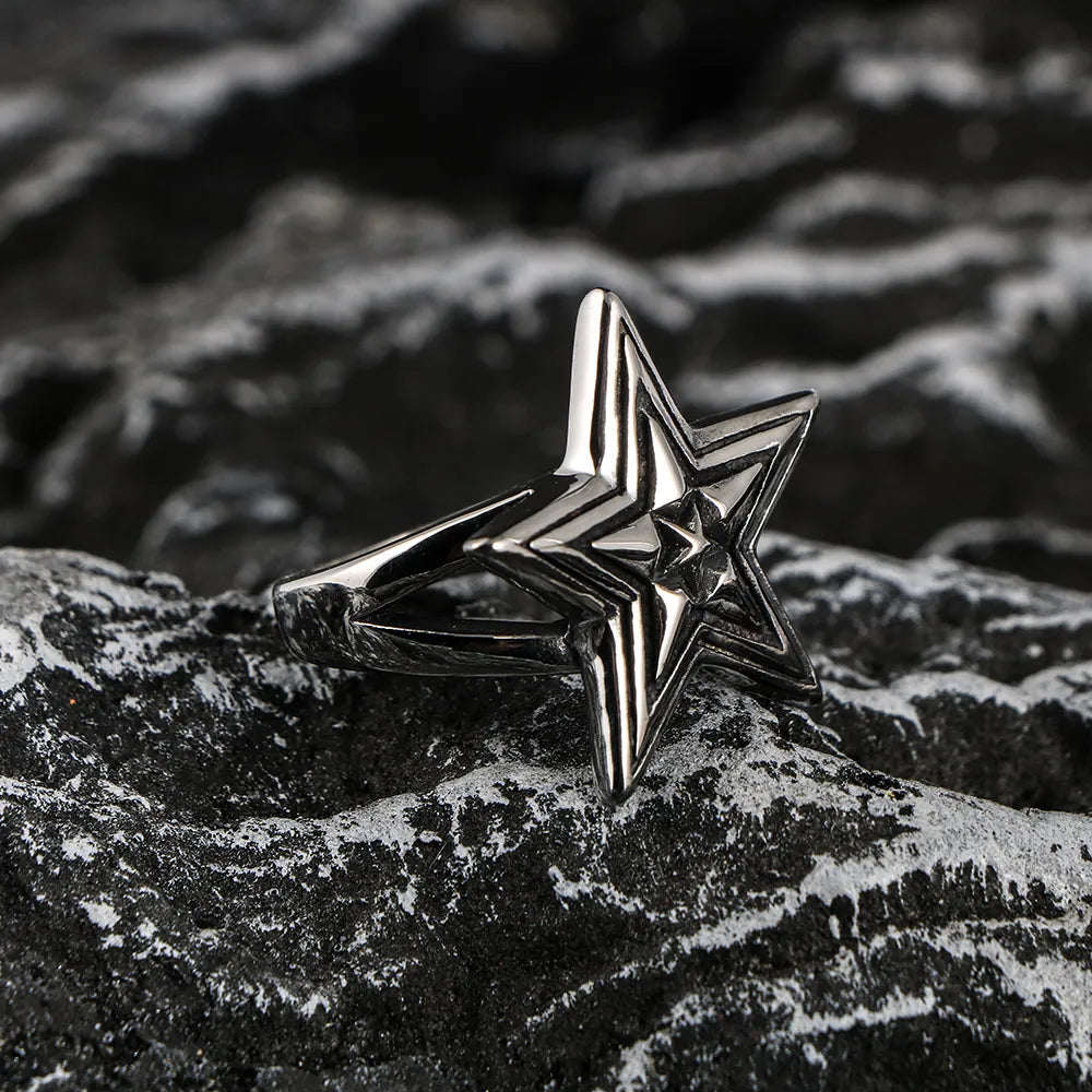 Large Five-Pointed Star Ring — Stainless Steel