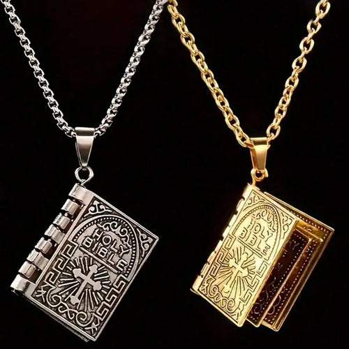 Bible Book Pendant Necklace — Steel