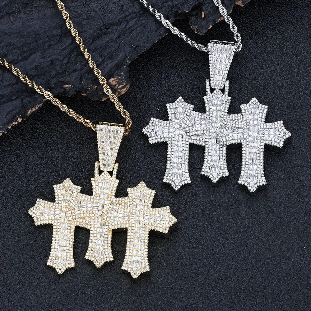 Two-Tone Cross Pendant Baguette Iced Out