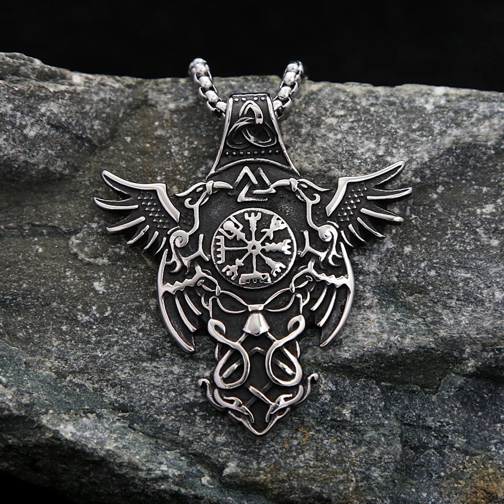 New Vintage Stainless Steel Nordic Odin Crow Pendant Necklace Fashion Viking Compass Necklaces Amulet Jewelry Gifts Dropshipping