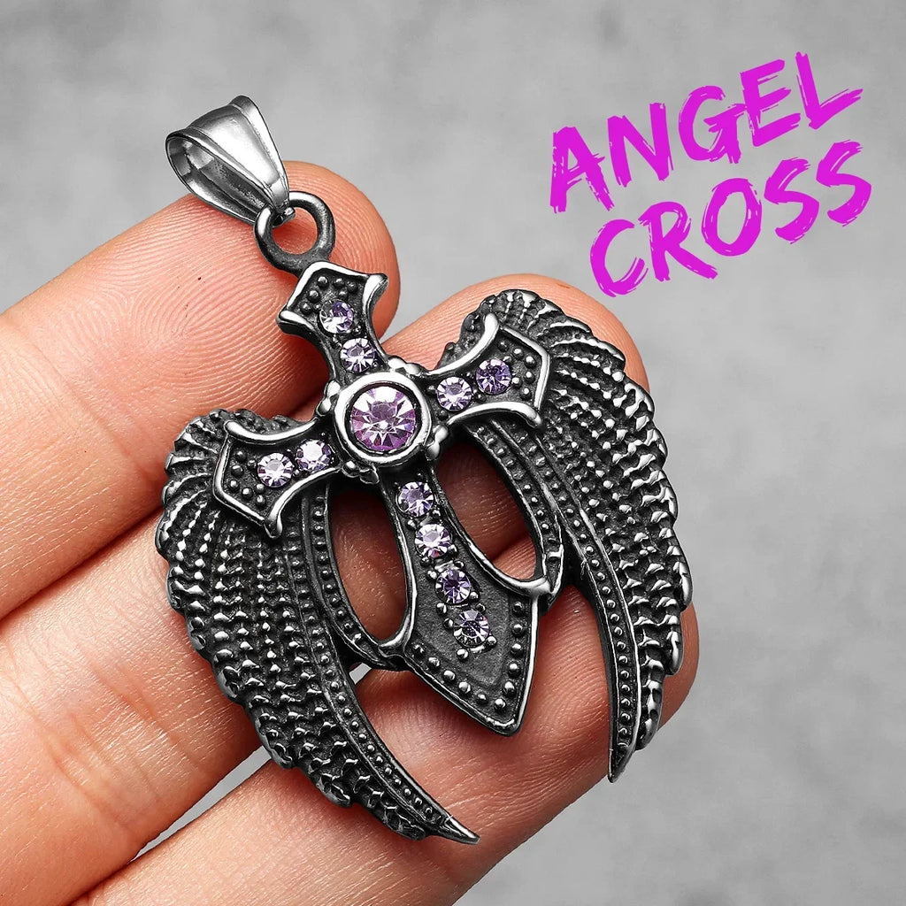 Angel Wing Cross Pendant — Stainless Steel