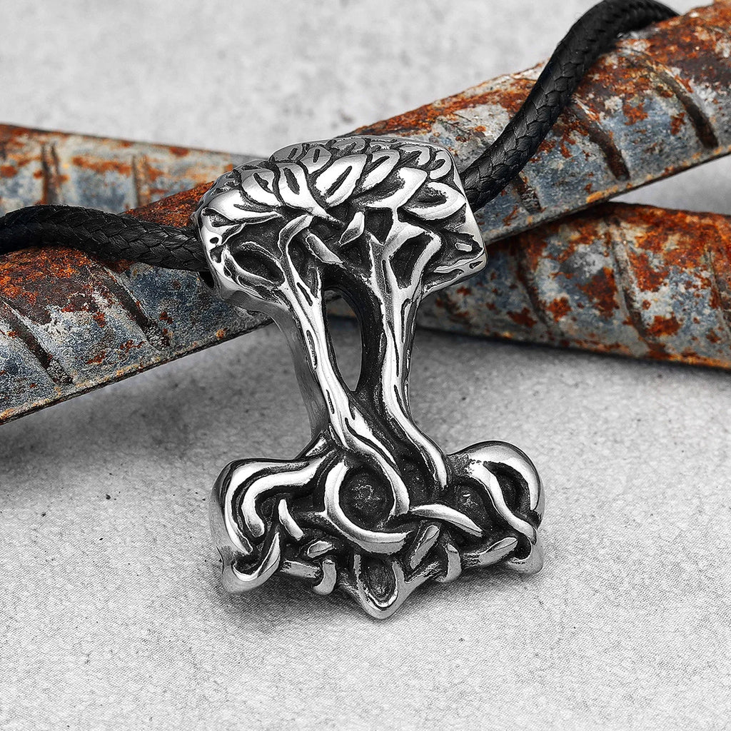 Viking Thor Hammer Pendant Men Yggdrasil Tree of Life Necklace Retro Stainless Steel Nordic Chain Rock Rap for Male