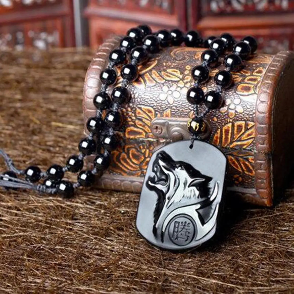 Obsidian Wolf Black Pendant Necklace