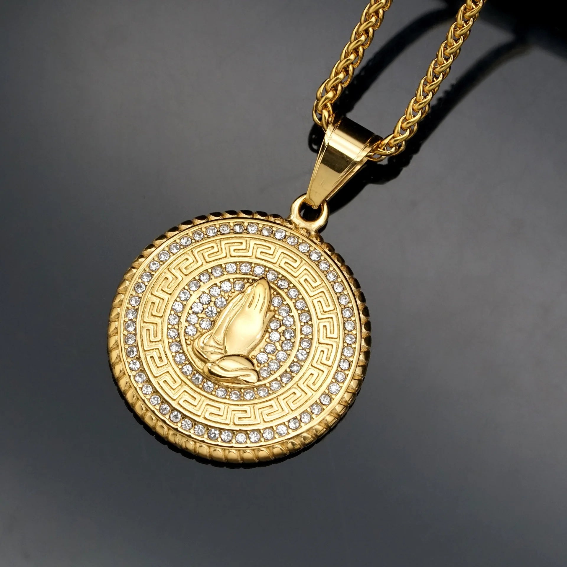 Iced Out Praying Hands Pendant — Gold