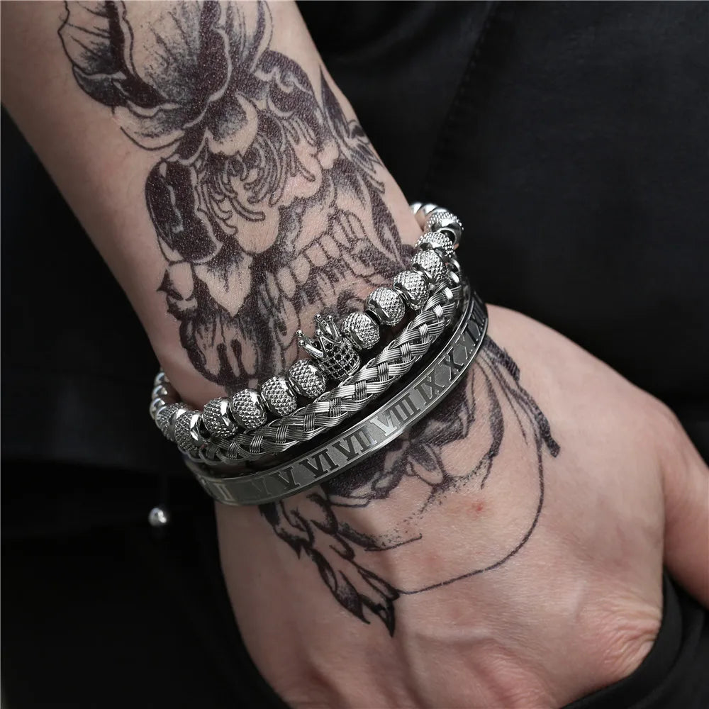 3pcs/Set Luxury Royal CZ King Crown Men Bracelets Roman Numeral Braided Adjustable Pulseira