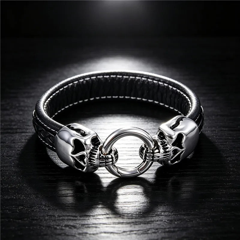 Gothic Double Skull Black Band Bracelet — Stainless Steel