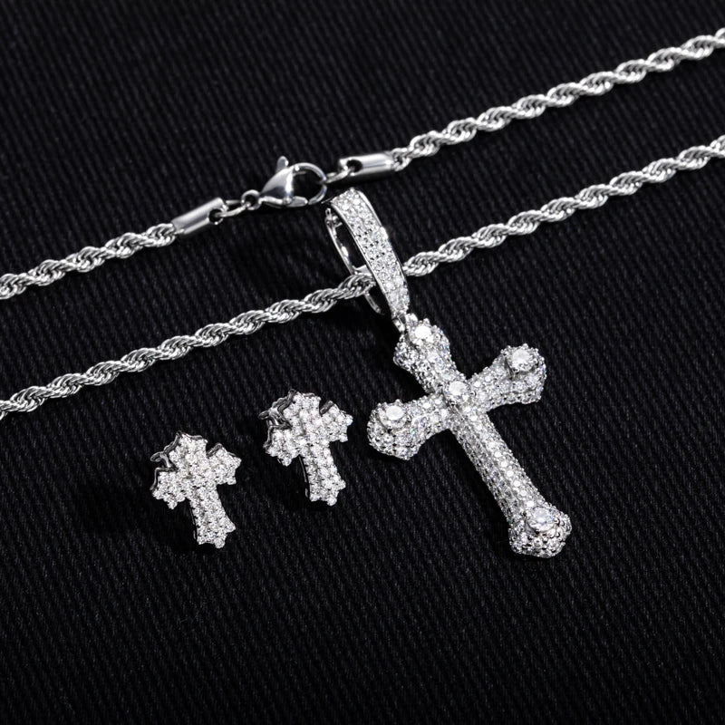 Iced Out Cross Necklace Set — 925 Silver