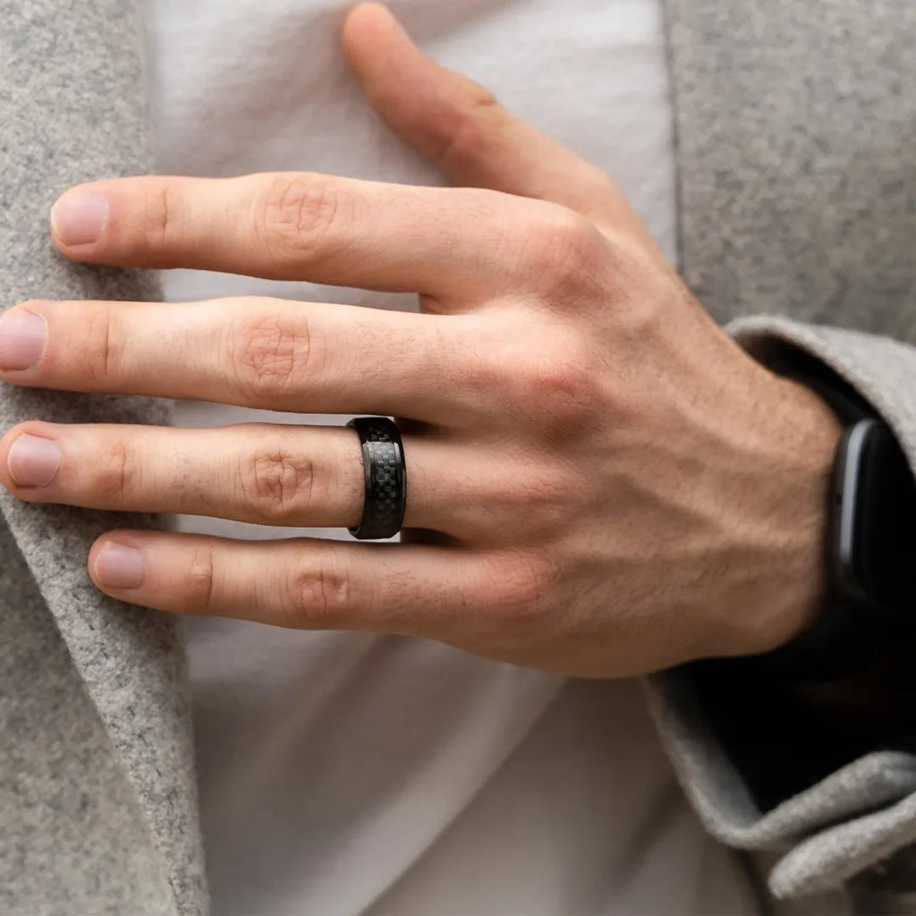 Fashion 8mm Men's Stainless Steel Ring Inlay Black Carbon Fiber Ring Wedding Engagement Jewelry Anniversary Gifts Drop