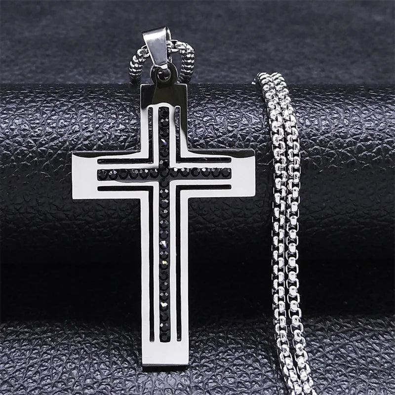 Catholic Open Cross Rhinestone Pendant Necklace — Stainless Steel