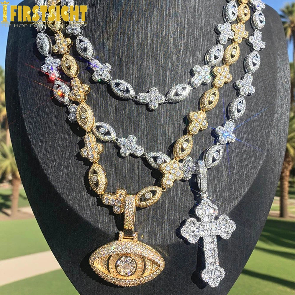 2026 New Iced Out Luxury Eye Cross Necklace Bling Cubic Zirconia Charm Tennis Chain for Men Women Hip Hop Jewelry
