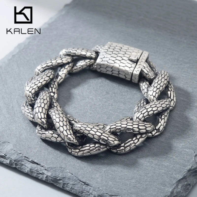 Kalen Snake Skin Cuban Link Men's Bracelet Punk Heavy Stainless Steel Motorcycle Jewelry Vintage Metal Accessory Gift