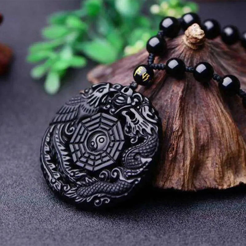 Natural Black Obsidian Hand Carved Chinese Dragon Phoenix Bird Amulet BaGua Necklace For Women Men Luck Mascot Amulet Pendant