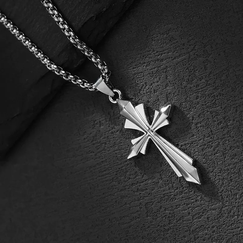 New Simple Geometric Stainless Steel Cross Pendant Necklace Punk Hip-Hop Style Creative Unisex Alloy Sweater Chain