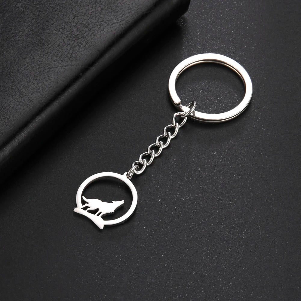 Round Wolf Pendant Keychain for Men — Stainless Steel