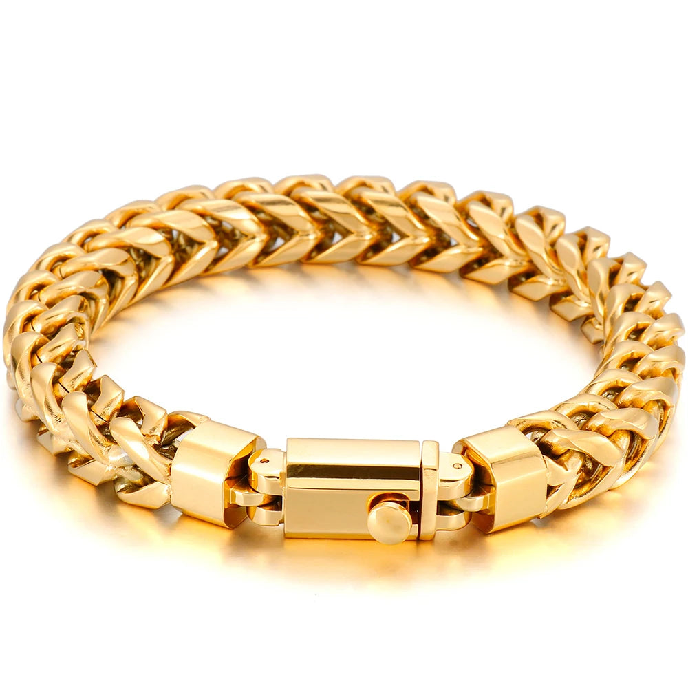Luxury Gold Color Stainless Steel Bracelet for Men 10MM Square Franco Chain Men's Wrist Bracelets On Hand Jewellery
