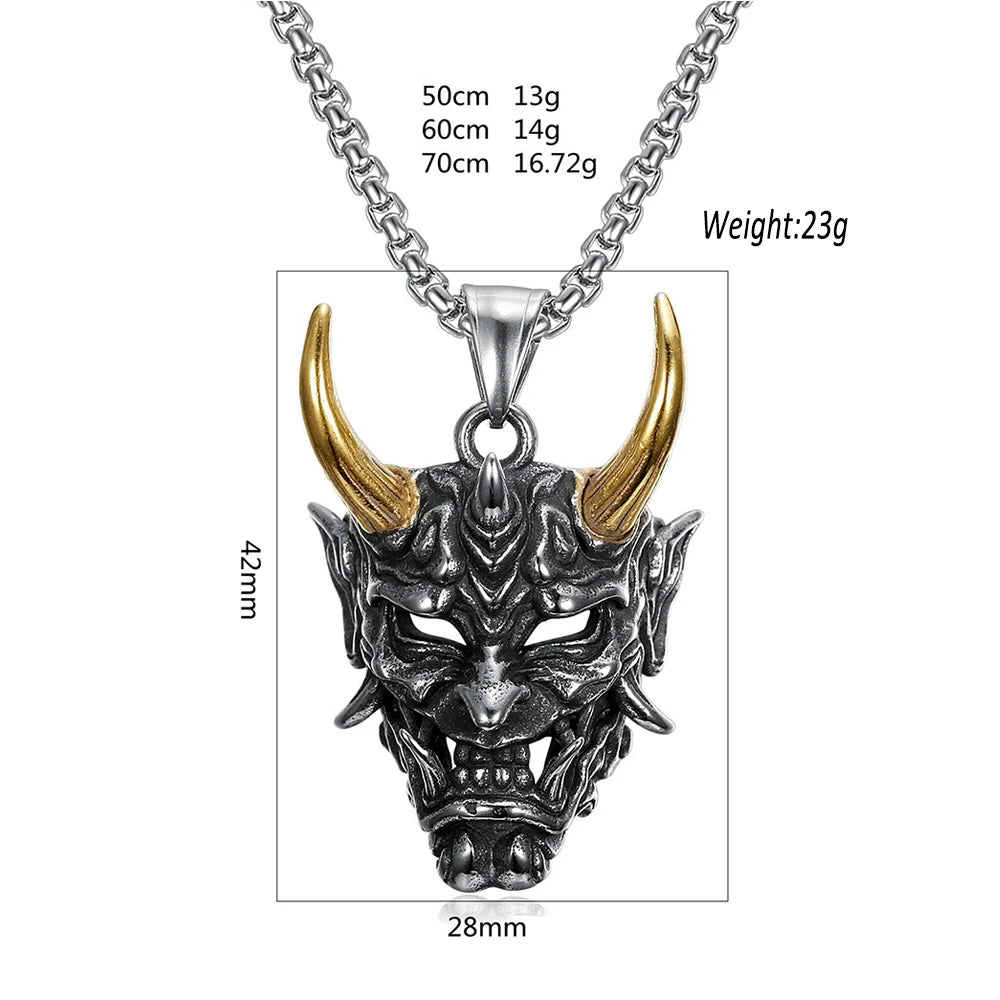 Vintage Japanese Prajina Demon Skull Mask Pendant Necklace For Men Boys Stainless Steel Hip Hop Rock Party Necklace Jewelry Gift