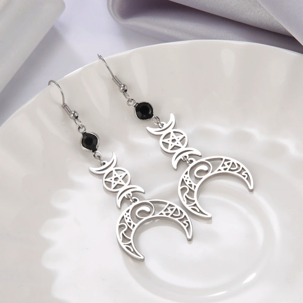 Teamer Vintage Triple Witch Moon Pentagram Goddess Earrings for Women Witchcraft Stainless Steel Amulet Jewelry Gifts