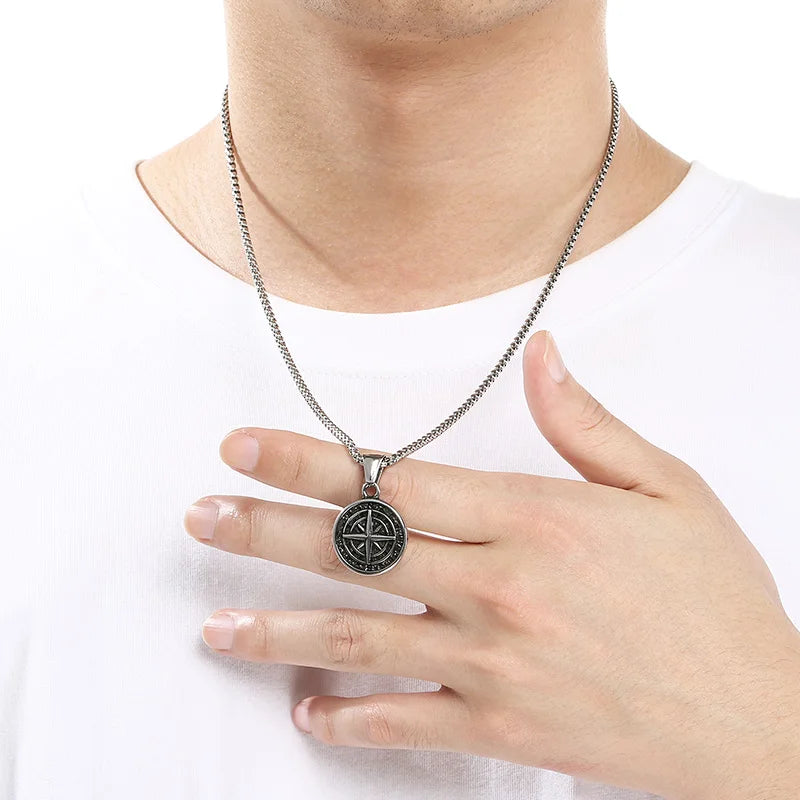 KALEN Stainless Steel 304 Vintage Compass Pendant Necklace For Men - KP117697-LU