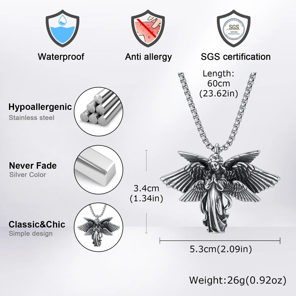 Classic Vintage Angel Wings Pendant Necklace for Men, Stainless Steel Seraph Prayer Necklace, Hip Hop Punk Jewelry