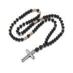 Black Bead Gold Spacer Cross Pendant Necklace — Two-Tone