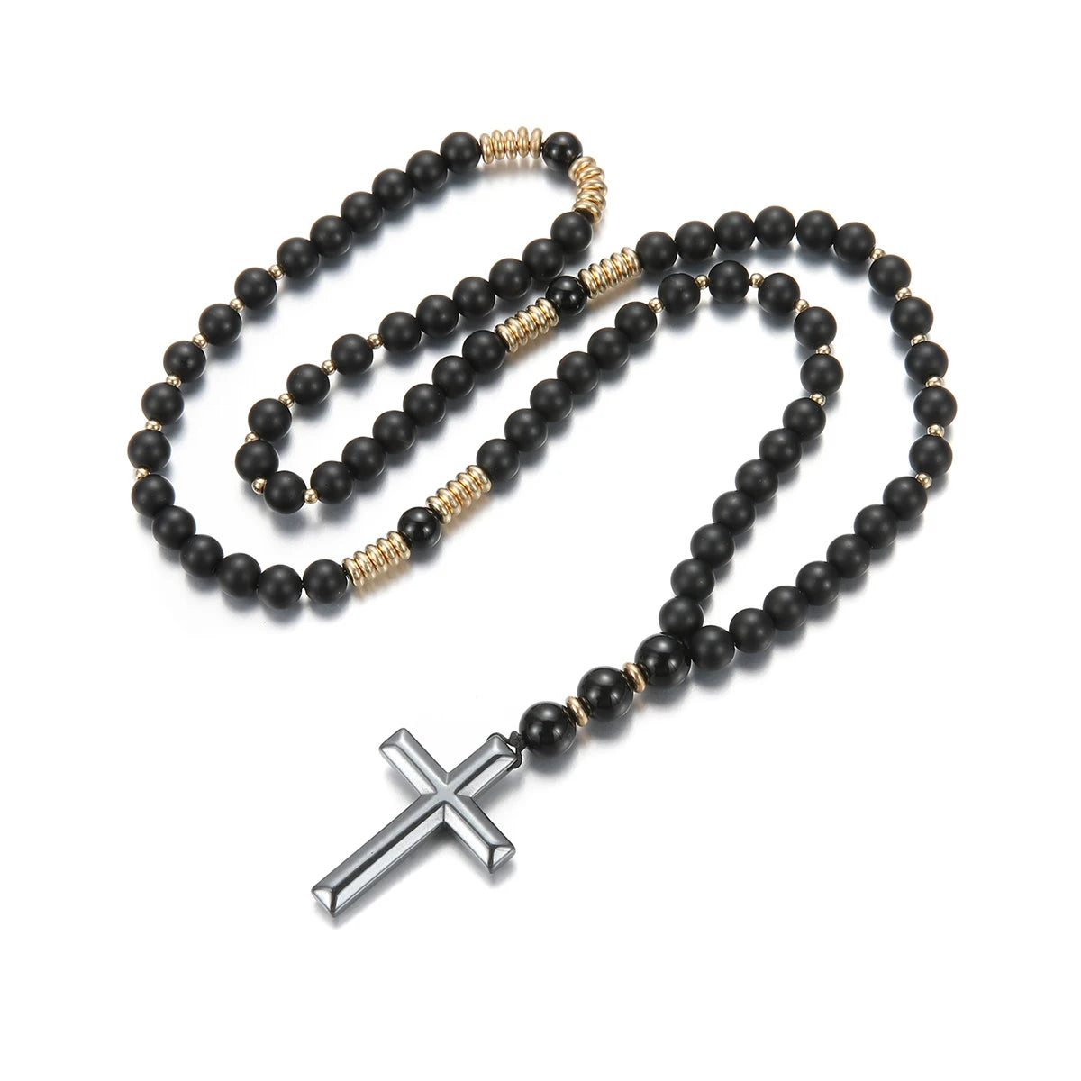 Cool Black Round Beads with Golden Color Spacer Beaded Cross Pendant Necklace for Men and Women