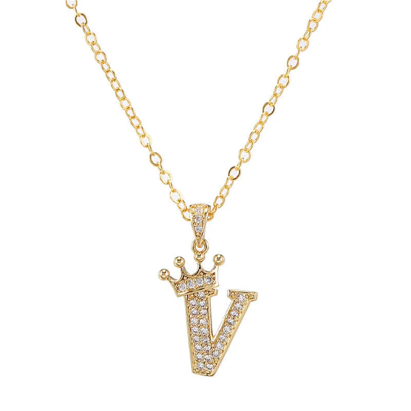 Crown Initial Letter Pendant Necklace — Copper