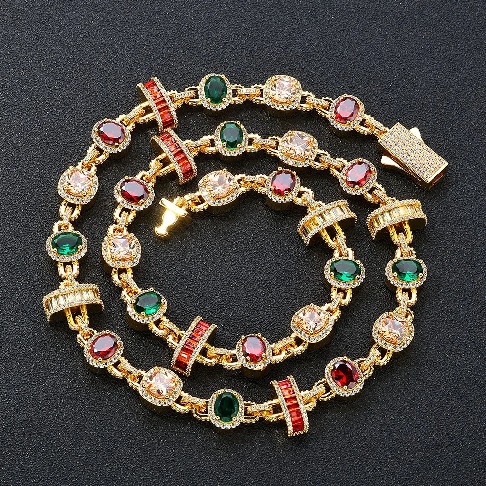 Cross Chain Necklace Iced Out Colorful Gemstone