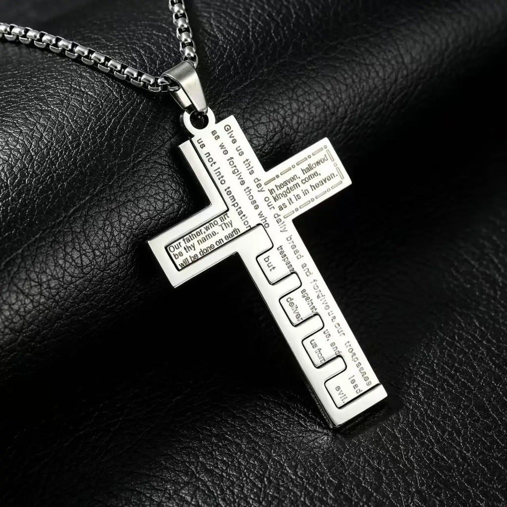 HNSP Stainless Steel Splice Bible Cross Pendant Necklace For Men Religion Christian Jewelry Accessories