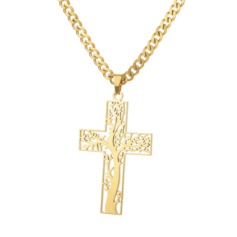 Stainless Steel Tree of Life Cross Necklaces for Women Gold Color Chain Necklace Aesthetic Collar Jewelry Accessories Gift