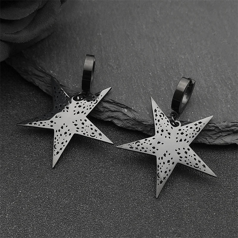 Gothic Star Silver Earrings Pentagram Hollow Hoop
