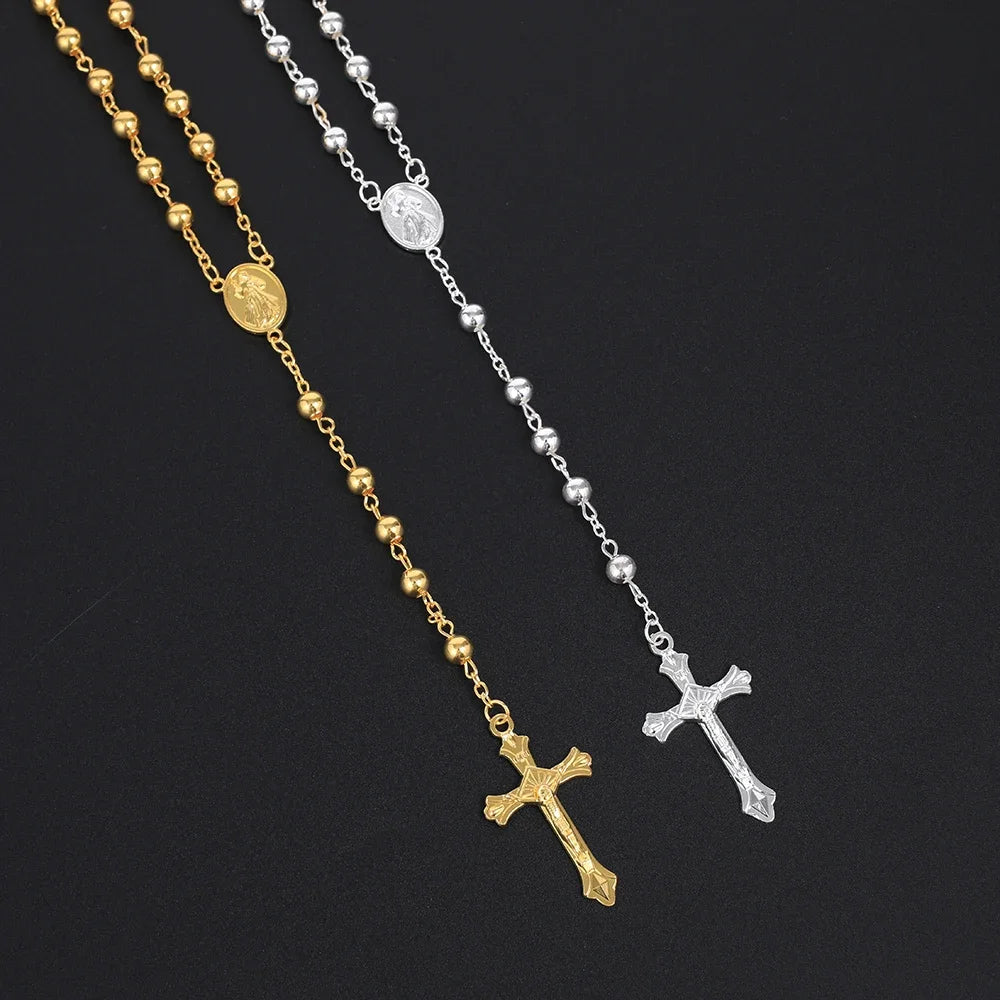 6MM Rosary Necklaces For Women Men Long Gold Silver Color Chain Crucifix Cross Pendant Necklace Religious Prayer