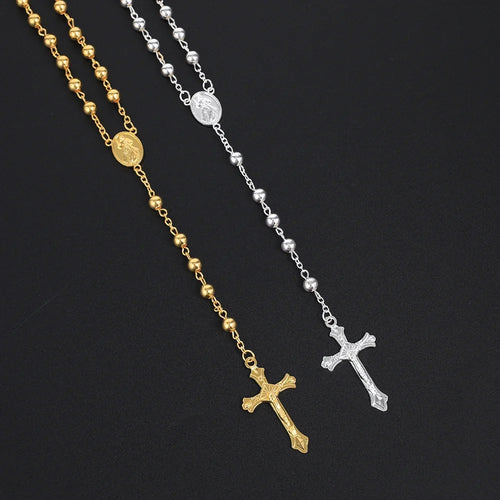 6MM Rosary Crucifix Cross Pendant Necklace — Gold