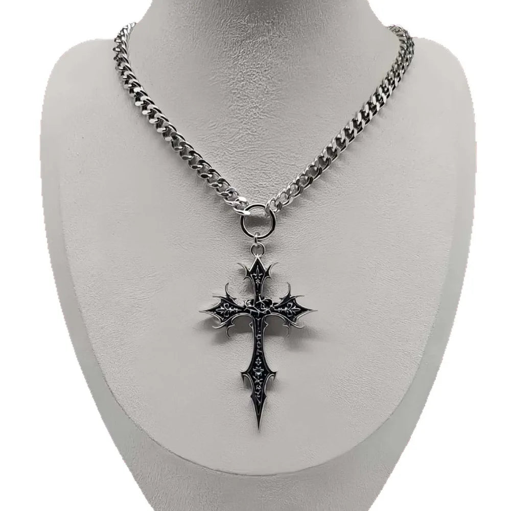Gothic Rose Cross Pendant Choker Necklace — Stainless Steel