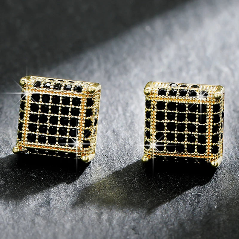 TrendMen Hiphop Rock Square Cubic Copper Zirconia Stud Earrings For Men Boy Gold Color Metal Crystal Earring Party Ear