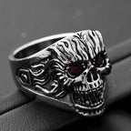 Gothic Exaggerated Skull Ring with Red Eyes — Silver-Tone