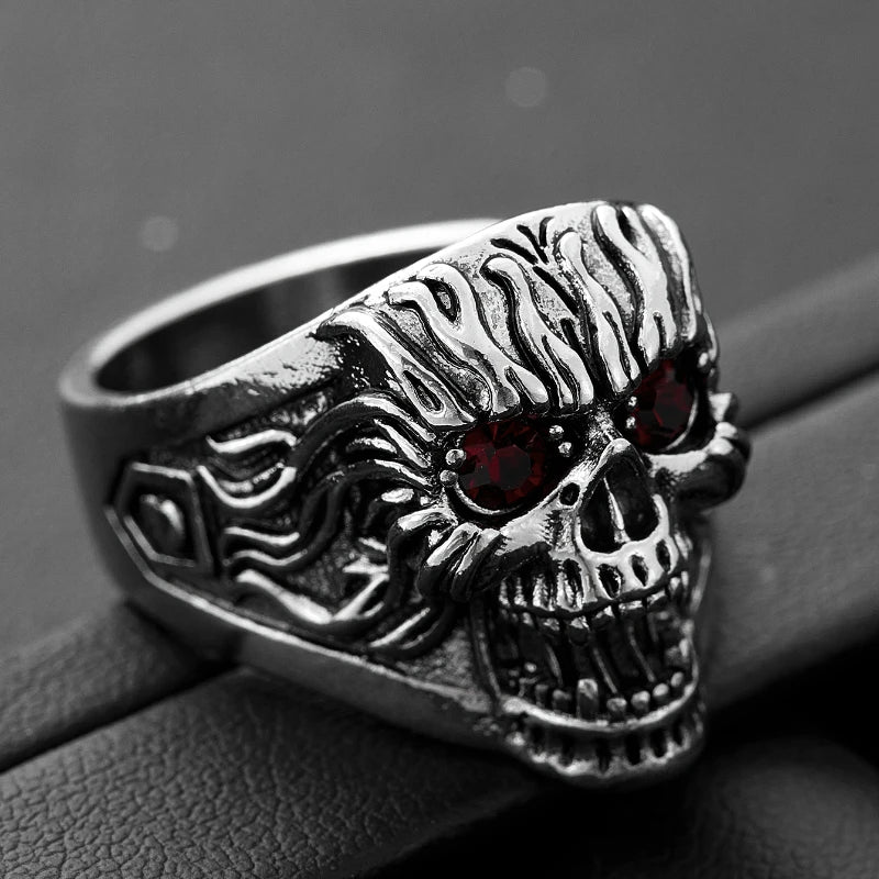 Gothic Exaggerated Skull Ring with Red Eyes — Silver-Tone