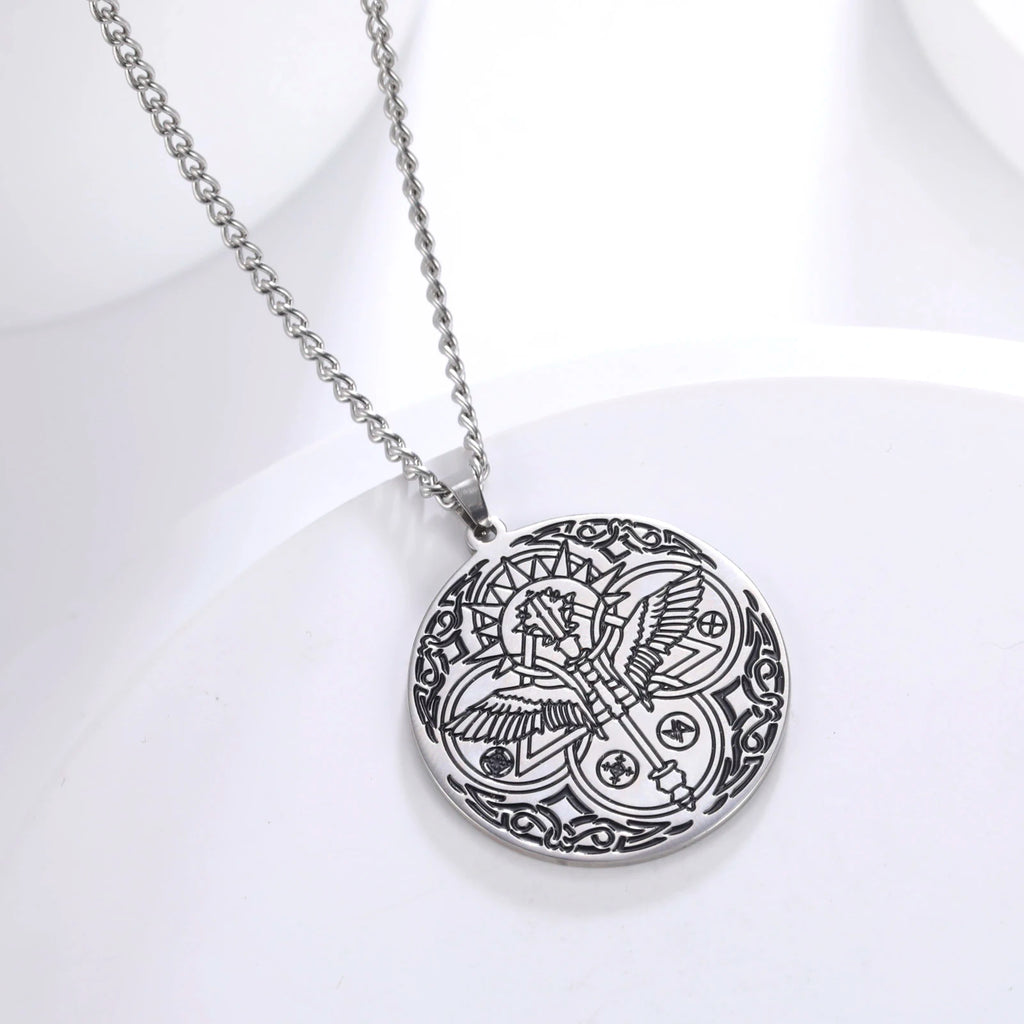 Archangel Raphael Winged Medallion Necklace — Stainless Steel